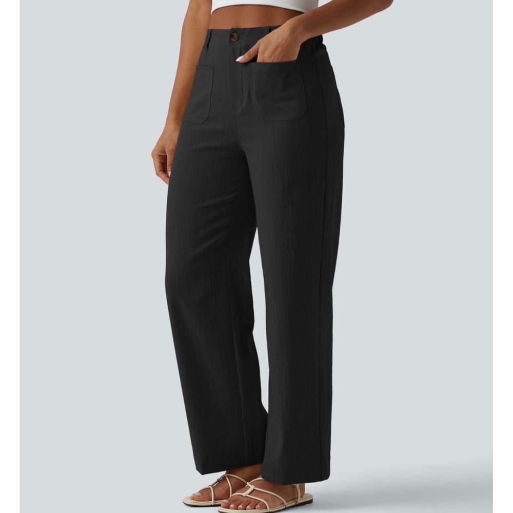 Halara Black High Waisted Straight Leg Linen Feel Casual Pants Small